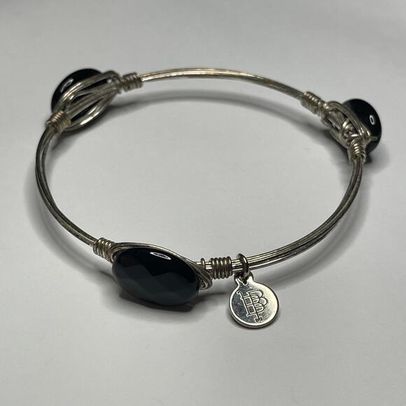 BOURBON & BOWETIES silver tone faceted black bracelet bangle jewelry wire wrap - Picture 2 of 11